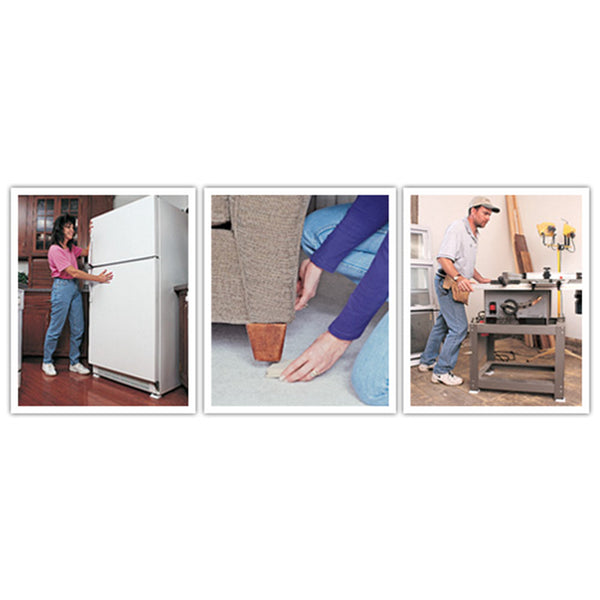 Set of three action photos using Permanent Furniture Slides for Carpet, Square (Set of 4) to move refrigerator, chair and table saw.