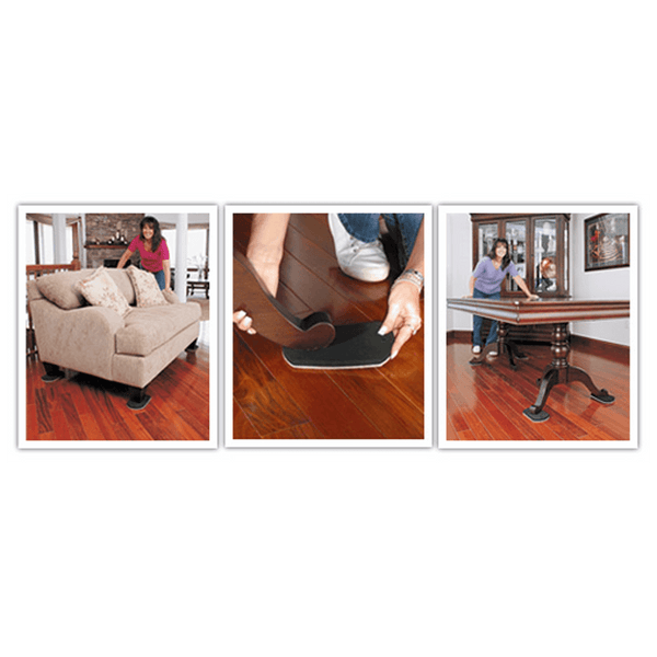 Set of three action photos of Professional Furniture Slides for Hardwood and Tile (Set of 4) used to move loveseat, table and placed under a table leg.
