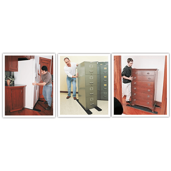 Set of three action photos using Professional Pull Slides For Hard Surfaces - 4' (Set of 2) to move refrigerator, file cabinet and dresser.